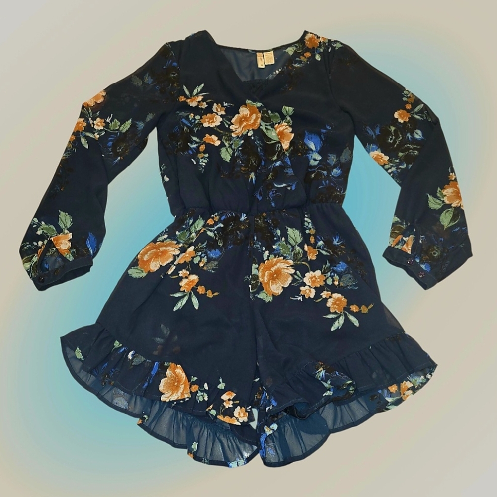 Japna Long Sleeve Floral Romper with Ruffle Hem
